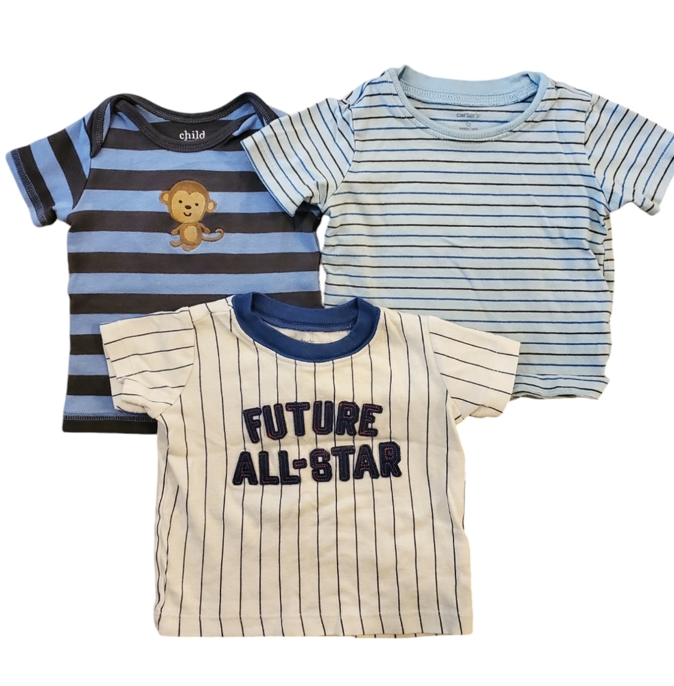 Child Blue Striped and Graphic T-Shirts Set of 3